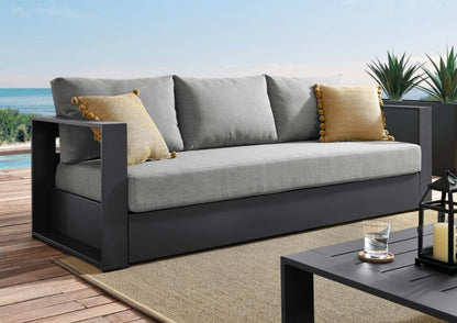Lamod Modern powder coated aluminum black sofa upholstered in gray outdoor cushions