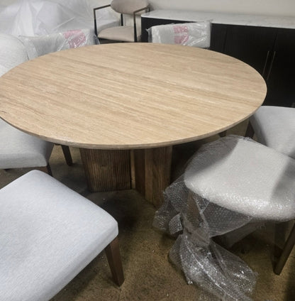 Varenna Round Travertine Dining Table – Luxury Natural Stone Top with Fluted Wood Pedestal Base