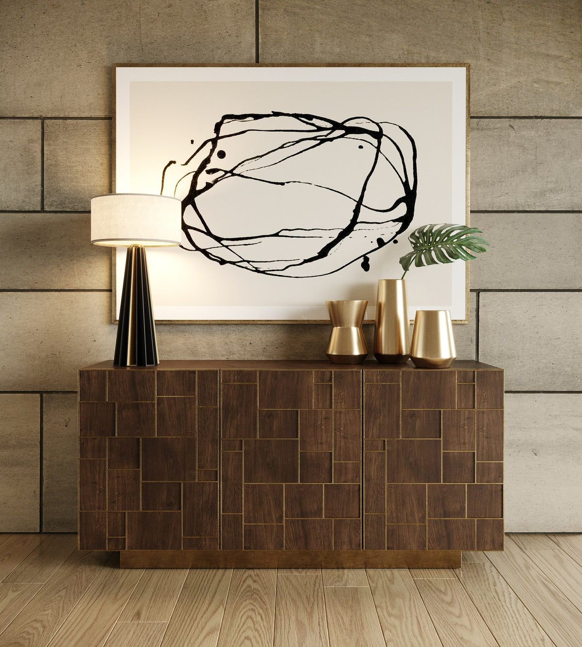 Modrest Auer- Brown Oak & Gold Buffet