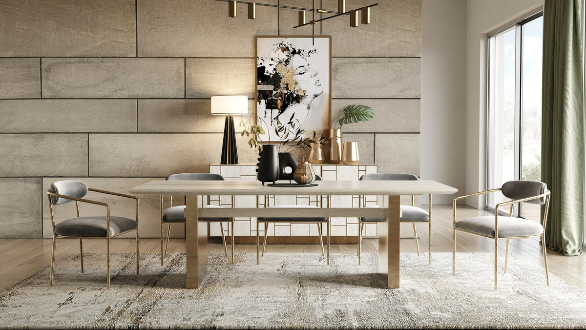 95" Wood Dining table double with pedestal brushed brass base