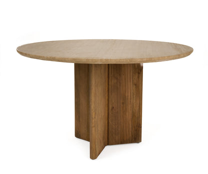 Varenna Round Travertine Dining Table – Luxury Natural Stone Top with Fluted Wood Pedestal Base